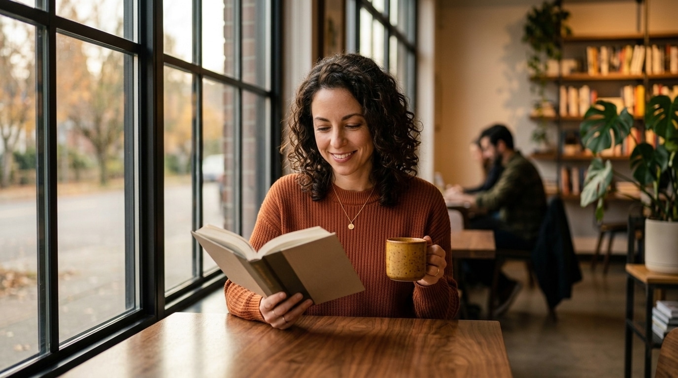 Mulher sorridente lendo um livro e tomando café em um ambiente aconchegante, representando autonomia emocional e bem-estar.