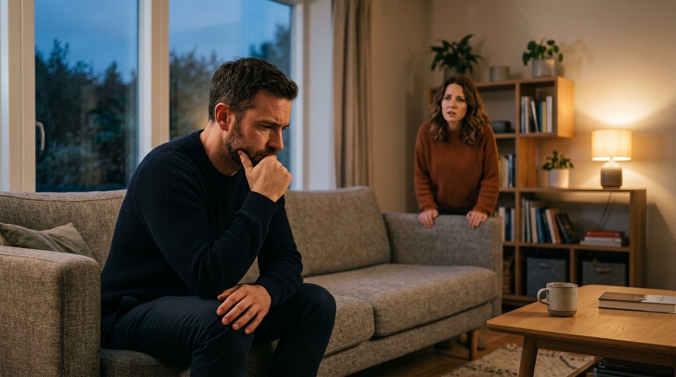Casal em sala de estar moderna com o homem reflexivo e a mulher ao fundo, ilustrando a dinâmica de afastamento masculino e falha na comunicação.