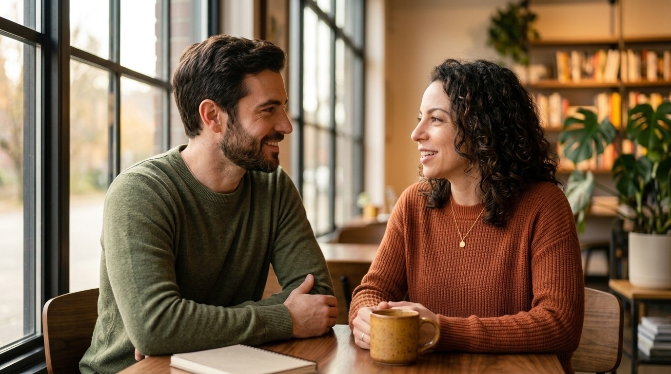 Casal a conversar num café acolhedor com olhar atento e sorriso genuíno, demonstrando escuta ativa e reciprocidade emocional.